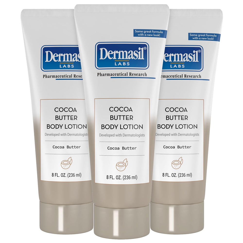 Dermasil front packaging showing bottle and cocoa butter scent benefit