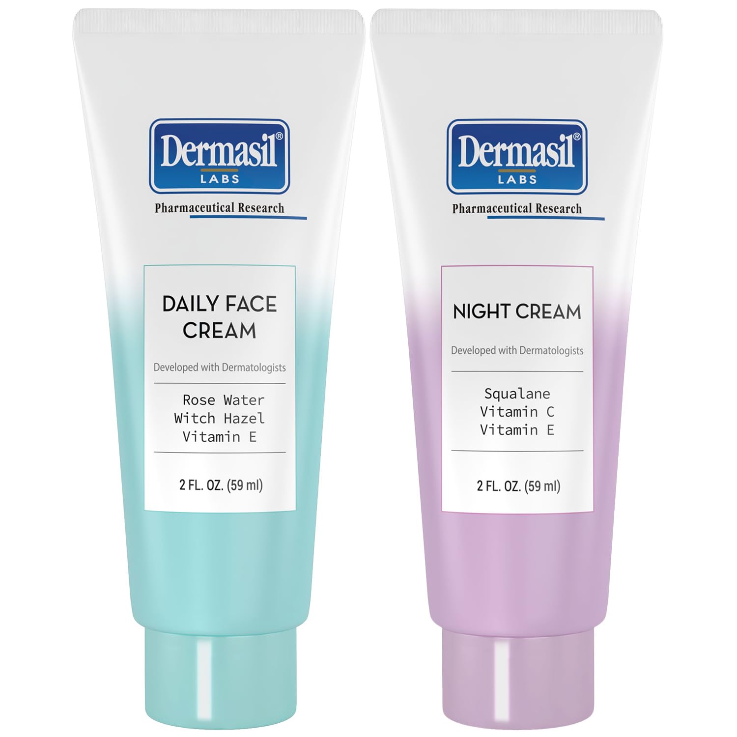 Dermasil front view of daily and night 2-pack showing compact tubes and labels for travel convenience