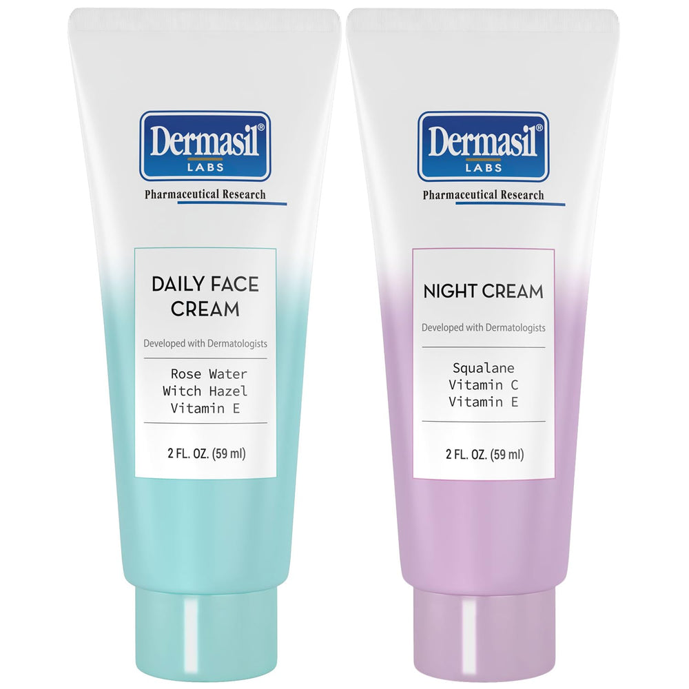 Dermasil front view of daily and night 2-pack showing compact tubes and labels for travel convenience