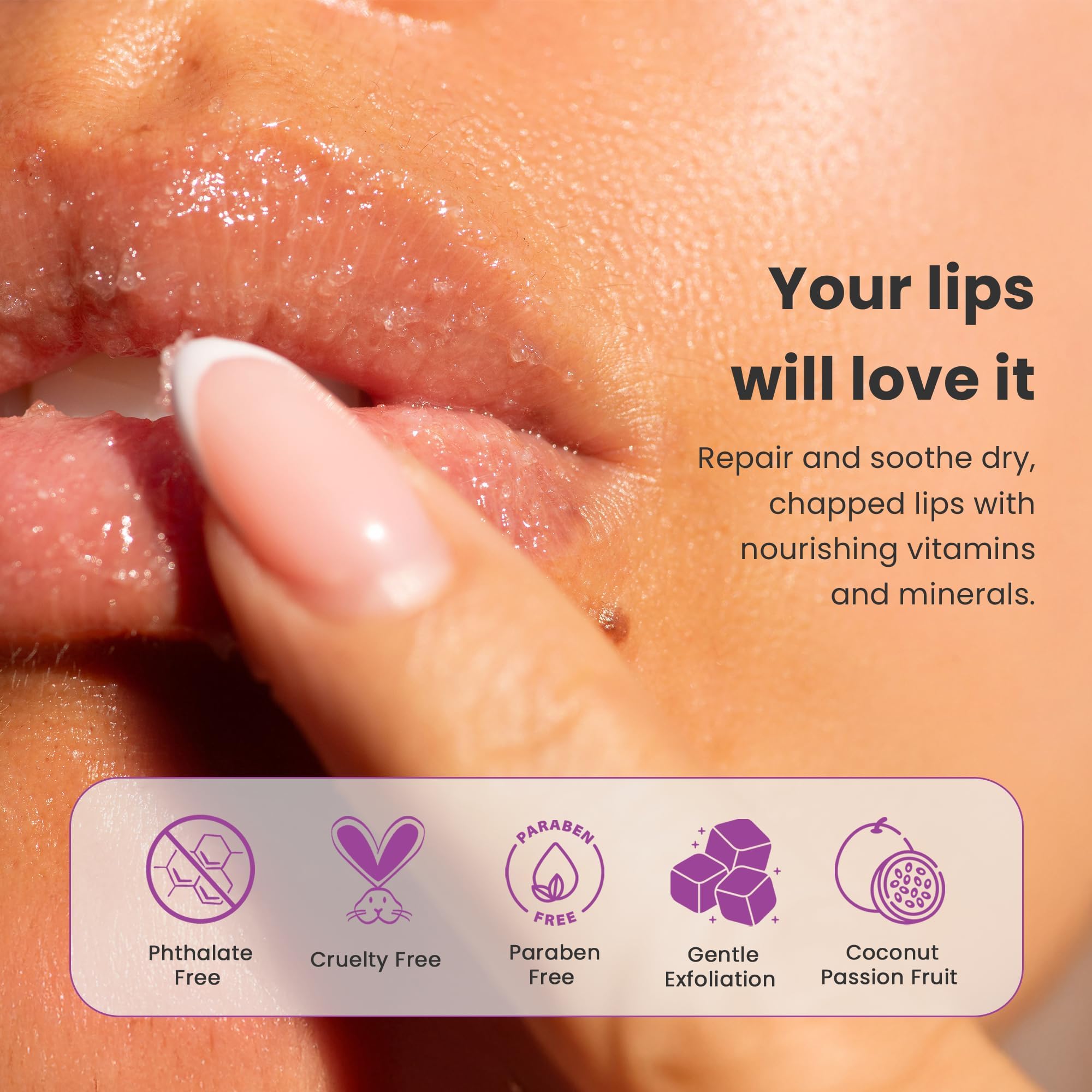 Dermasuri being applied to lips showing smooth removal of dry skin and comfort