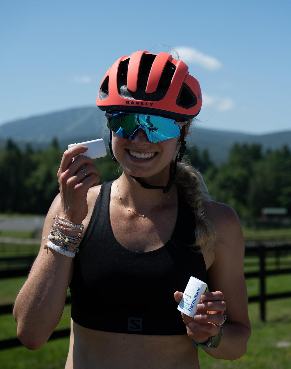 DERMATONE applying to face for targeted UVA/UVB protection while outdoors