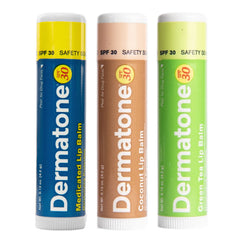 DERMATONE front packaging 3-pack showing three flavor sticks and SPF protection
