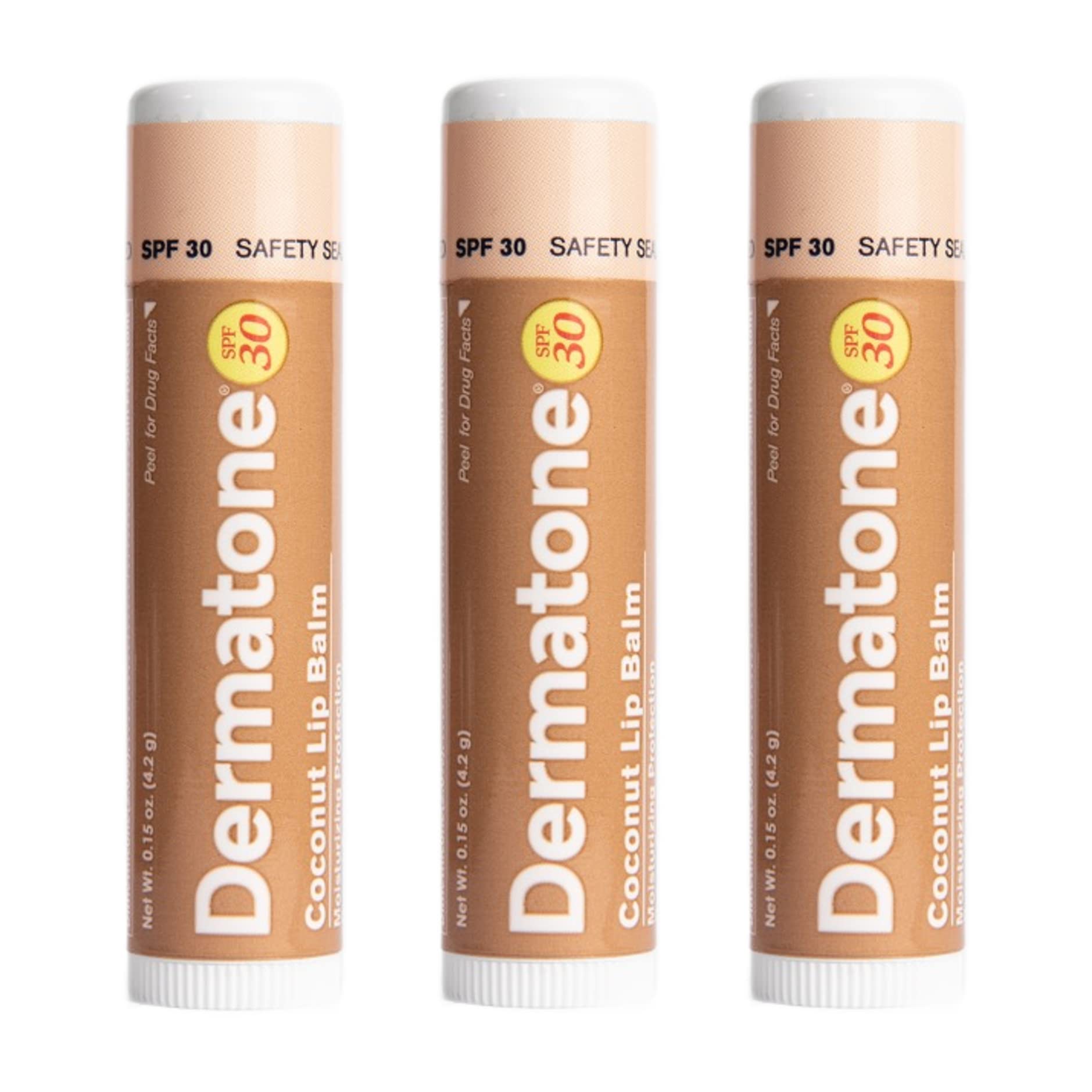 DERMATONE front packaging coconut lip balm showing SPF protection benefits