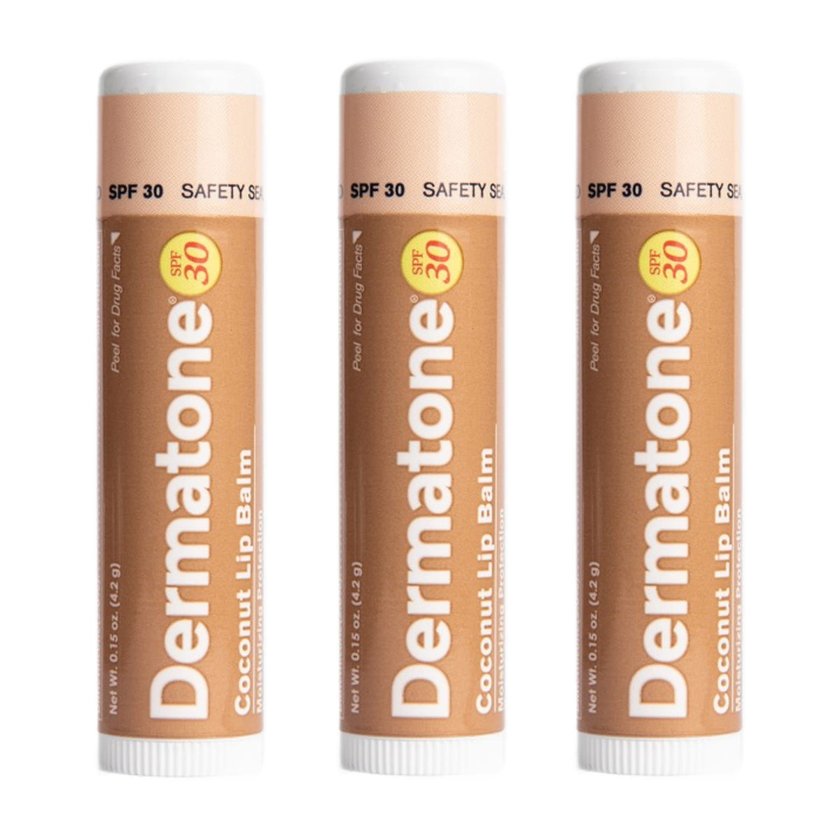 DERMATONE front packaging coconut lip balm showing SPF protection benefits