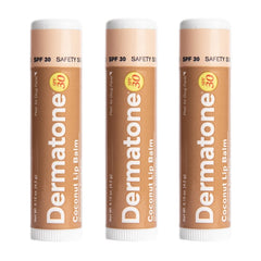 DERMATONE front packaging coconut lip balm showing SPF protection benefits