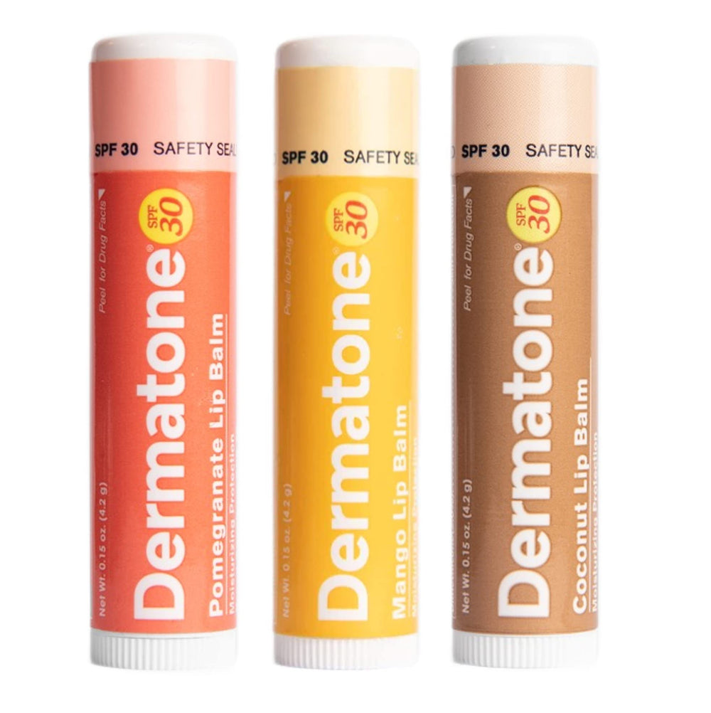 DERMATONE front packaging fruit variety shows three SPF 30 sticks for protection