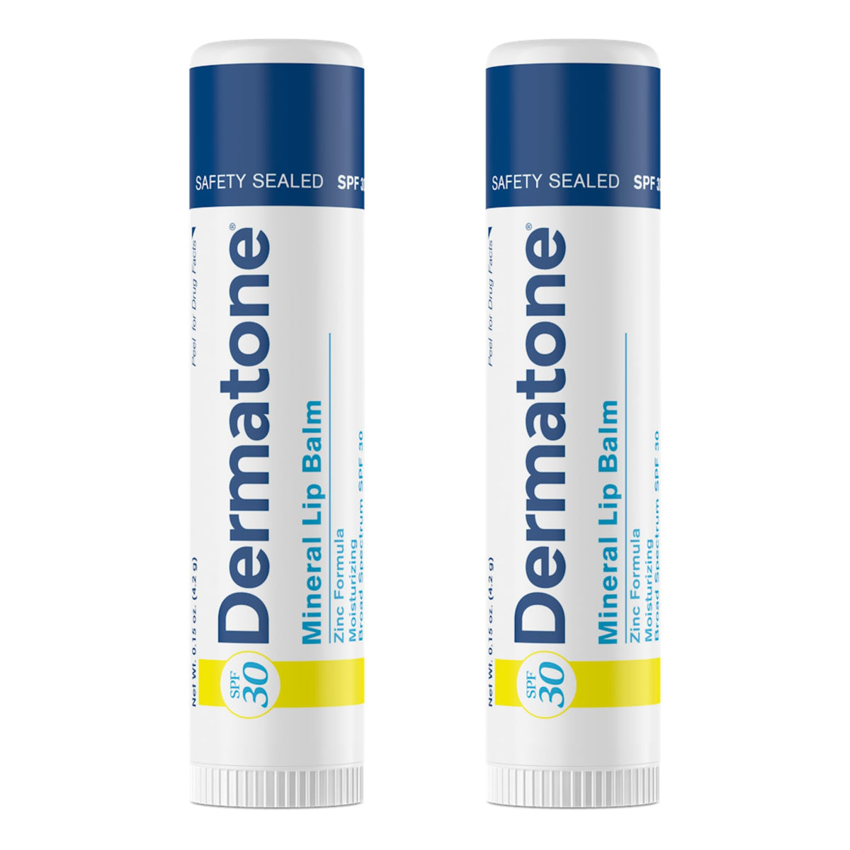 DERMATONE front packaging showing two SPF 30 lip balms, easy protection on-the-go