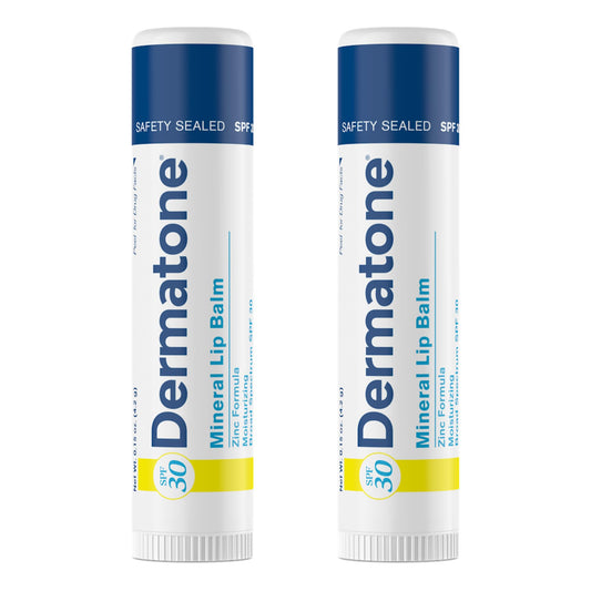 DERMATONE front packaging showing two SPF 30 lip balms, easy protection on-the-go