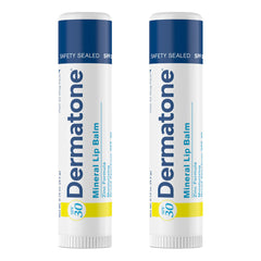 DERMATONE front packaging showing two SPF 30 lip balms, easy protection on-the-go