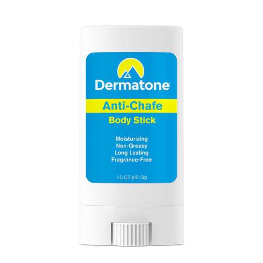 DERMATONE front view of mini anti‑chafe stick showing compact size and label benefit