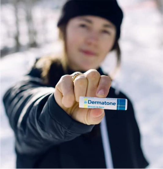 DERMATONE open tube texture visible, moisturizing balm formula for soft lips