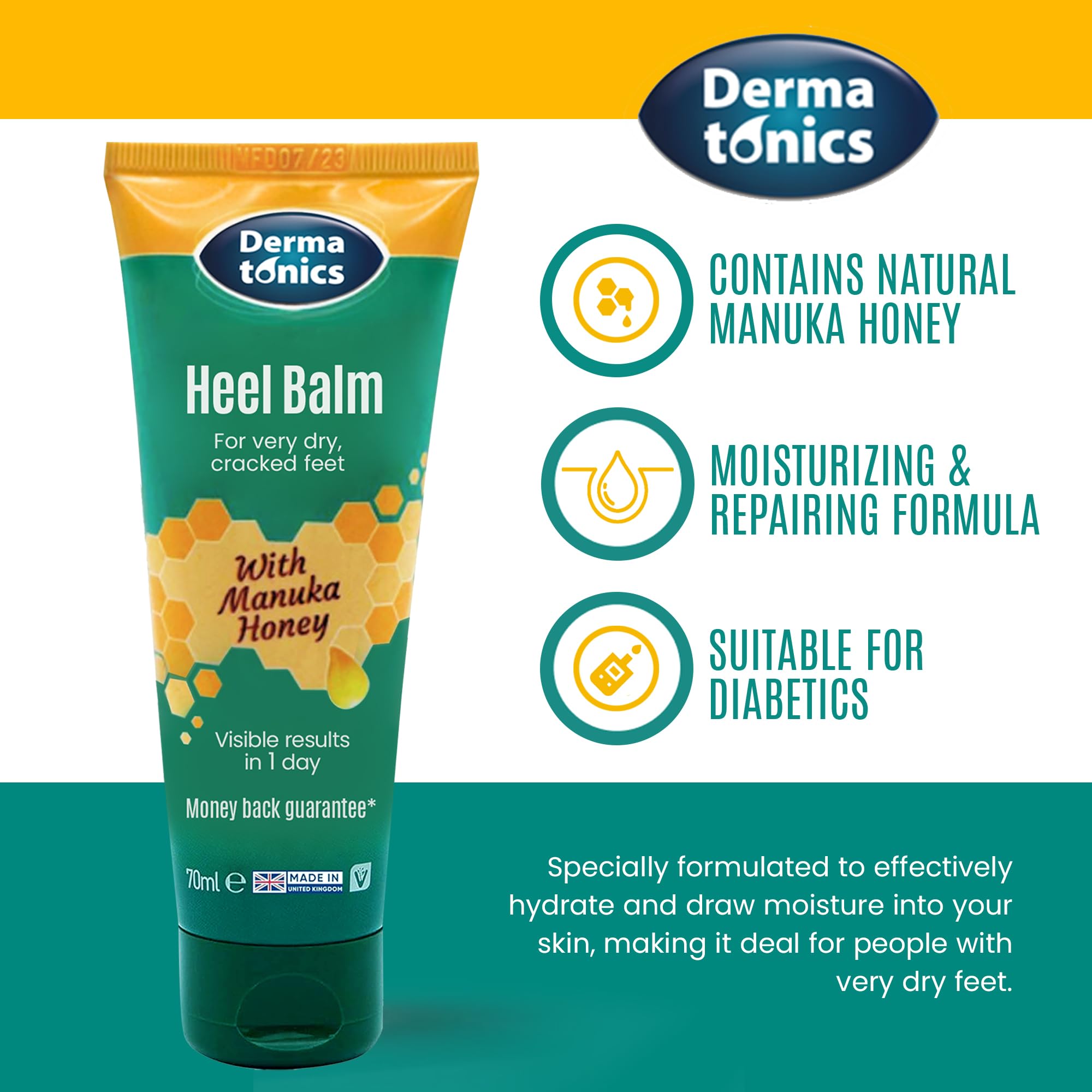 Dermatonics being applied to a heel, demonstrating targeted relief and softer skin