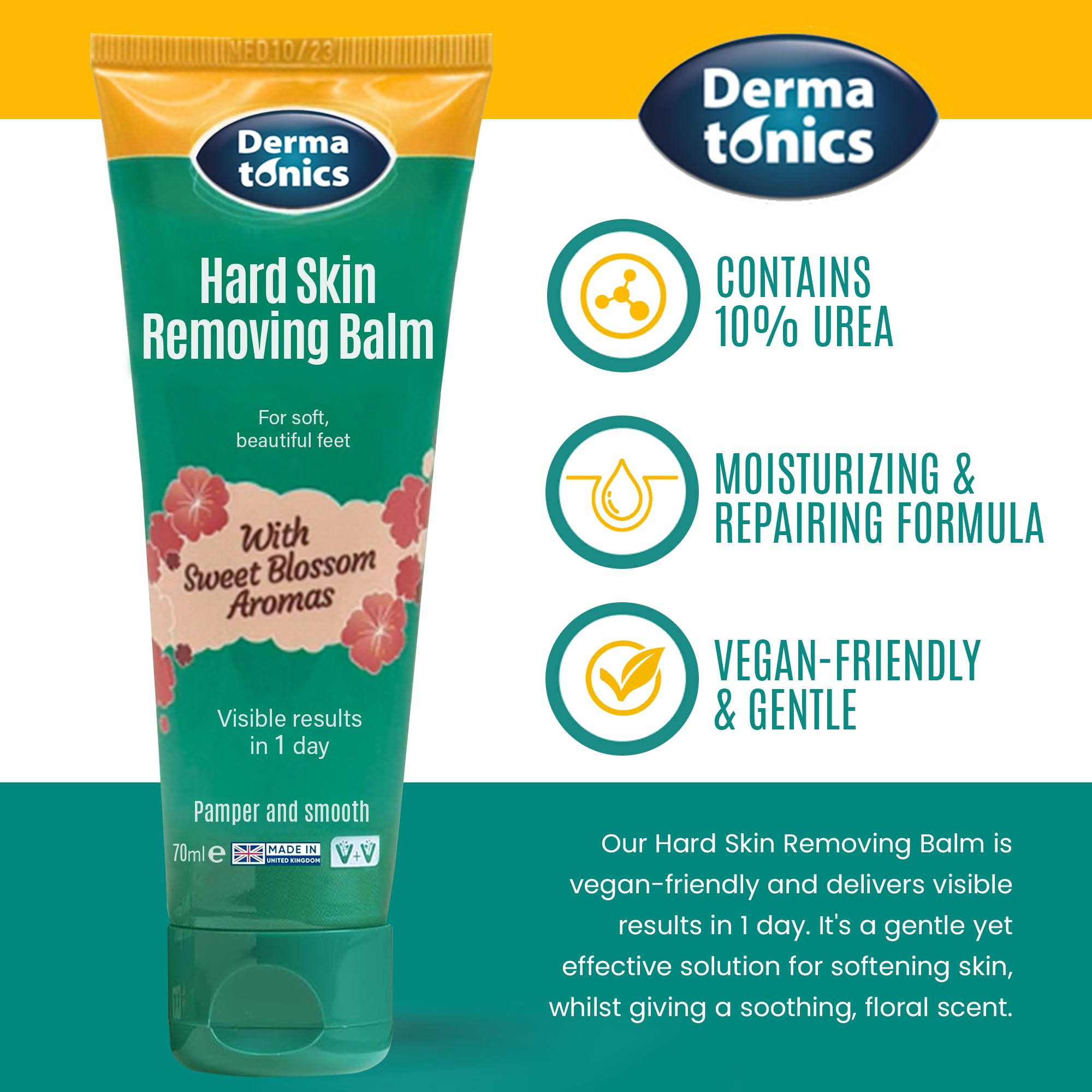 Dermatonics being applied to a heel, demonstrating targeted callus softening and moisturization