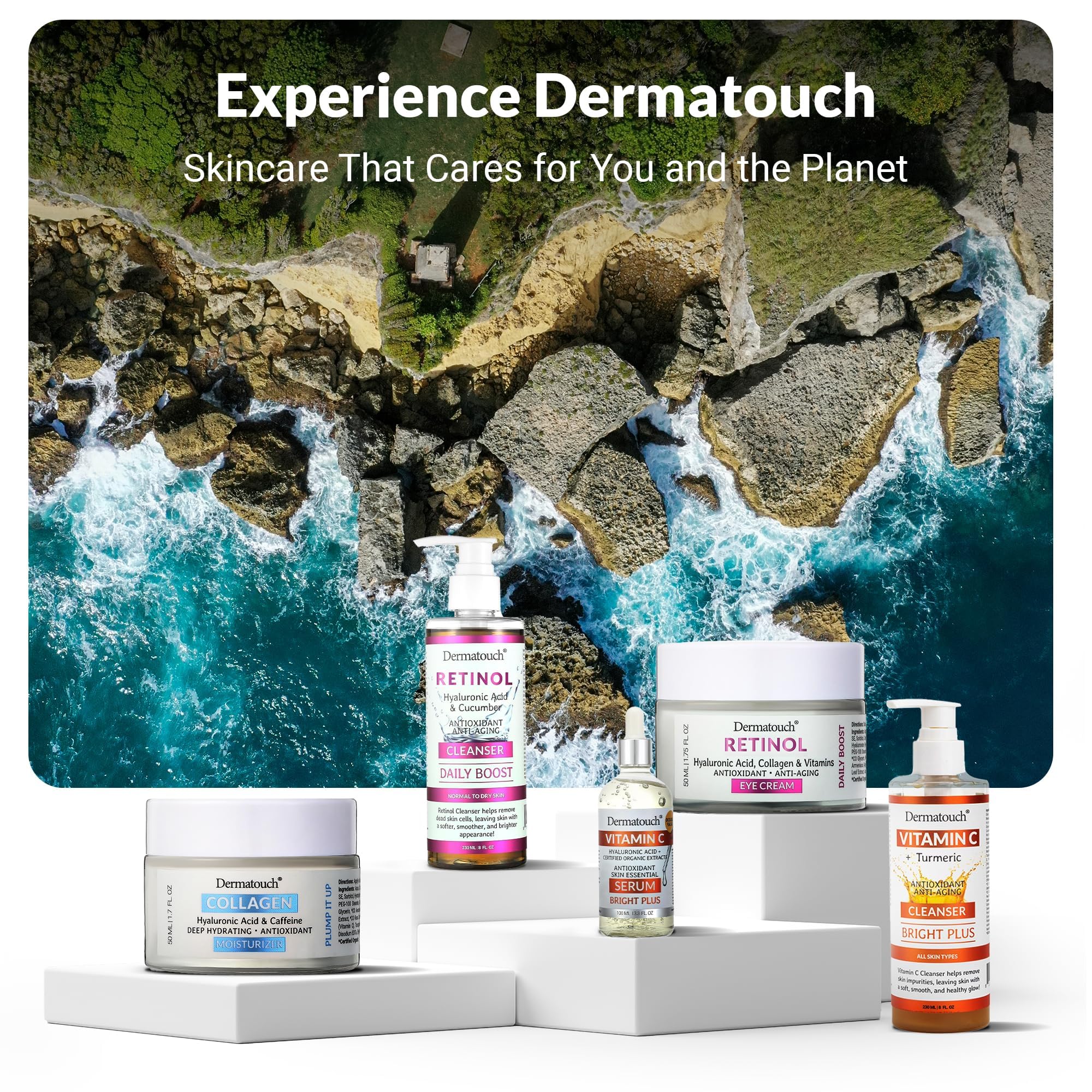 DERMATOUCH bottle next to measuring scale showing 8 fl oz size for accurate expectation