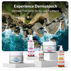 DERMATOUCH bottle next to measuring scale showing 8 fl oz size for accurate expectation