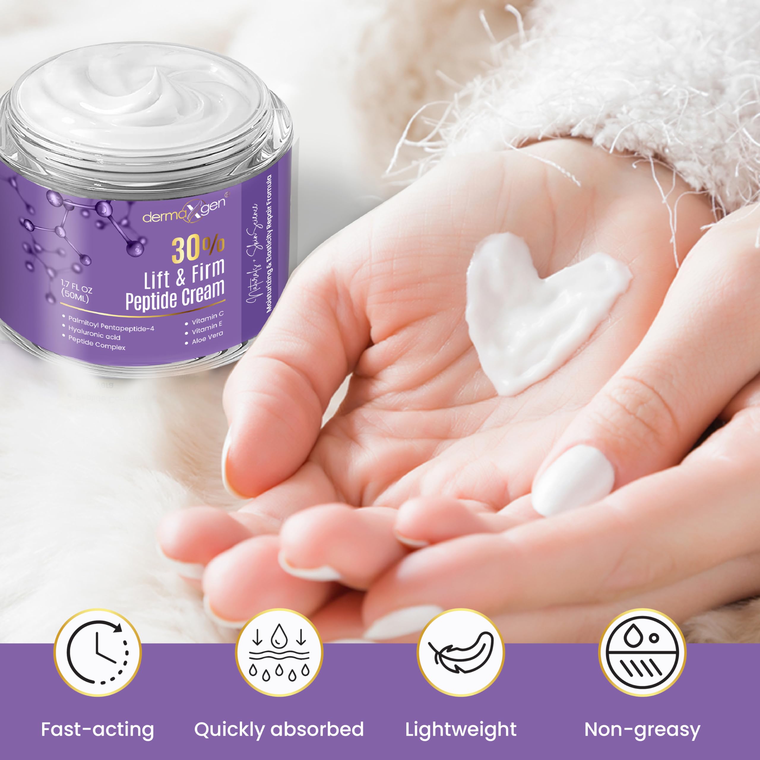 Dermaxgen cream texture close-up demonstrating hydrating, lightweight feel