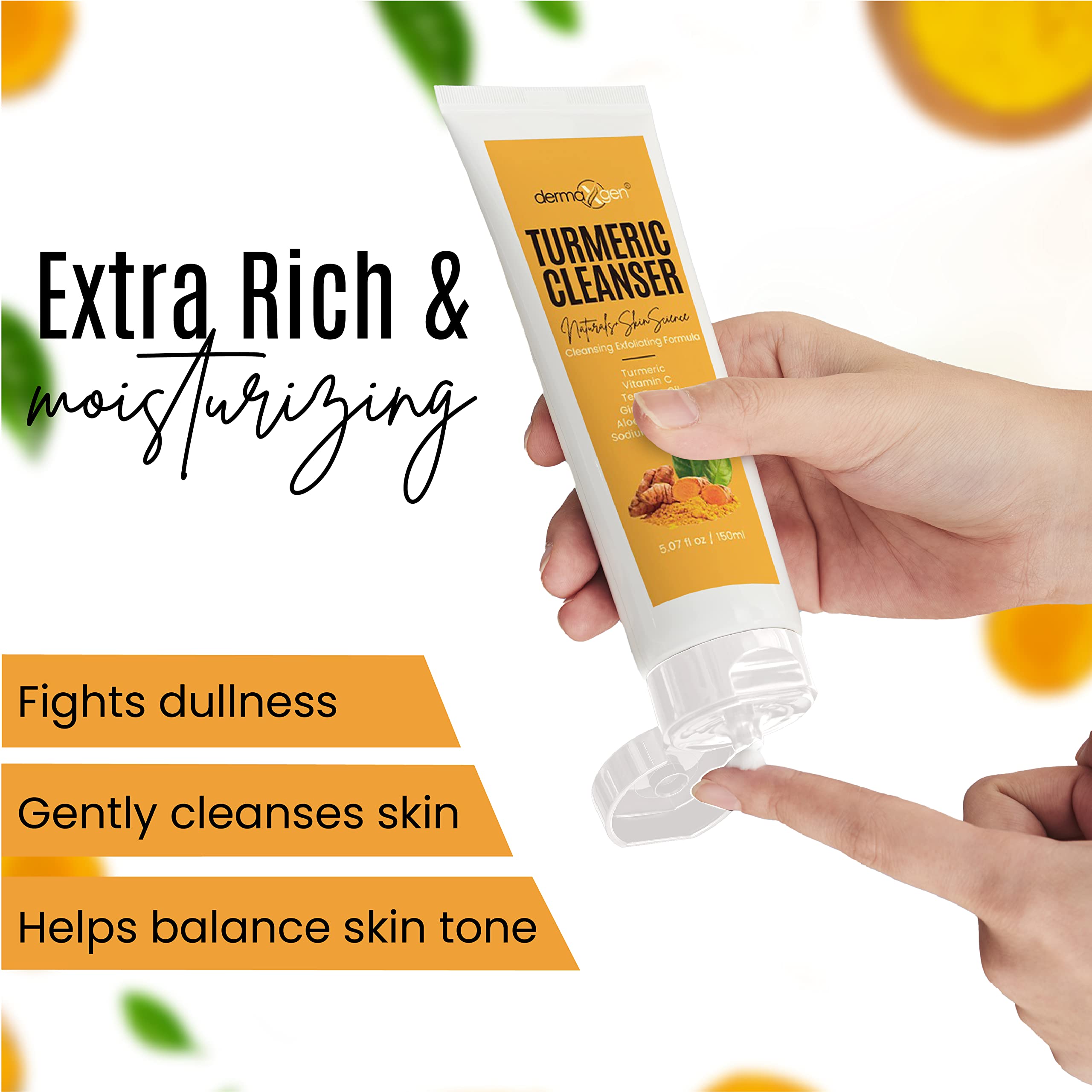 DERMAXGEN ingredients display with turmeric and vitamin C for brightening