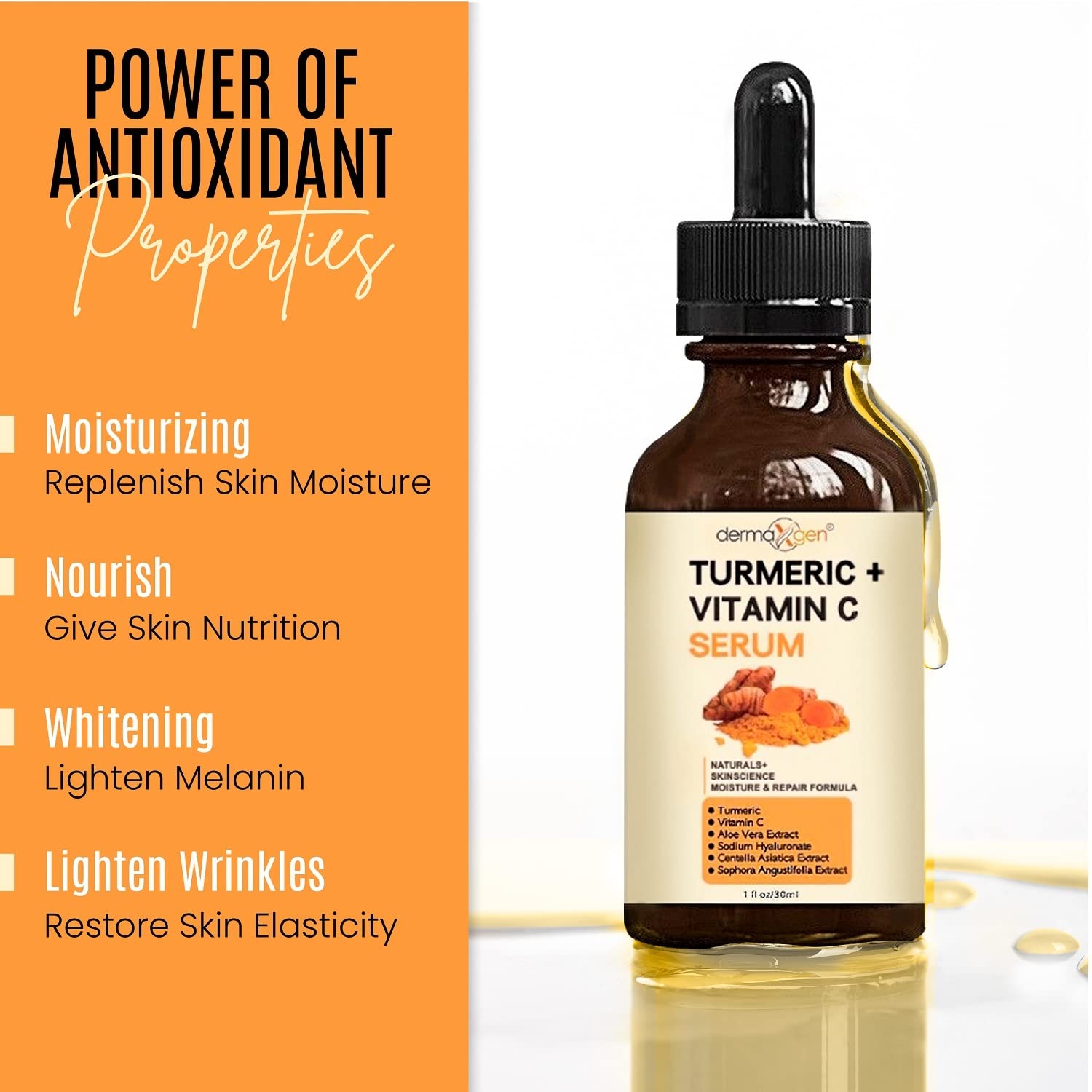 DERMAXGEN turmeric root ingredient shot highlighting antioxidant benefit