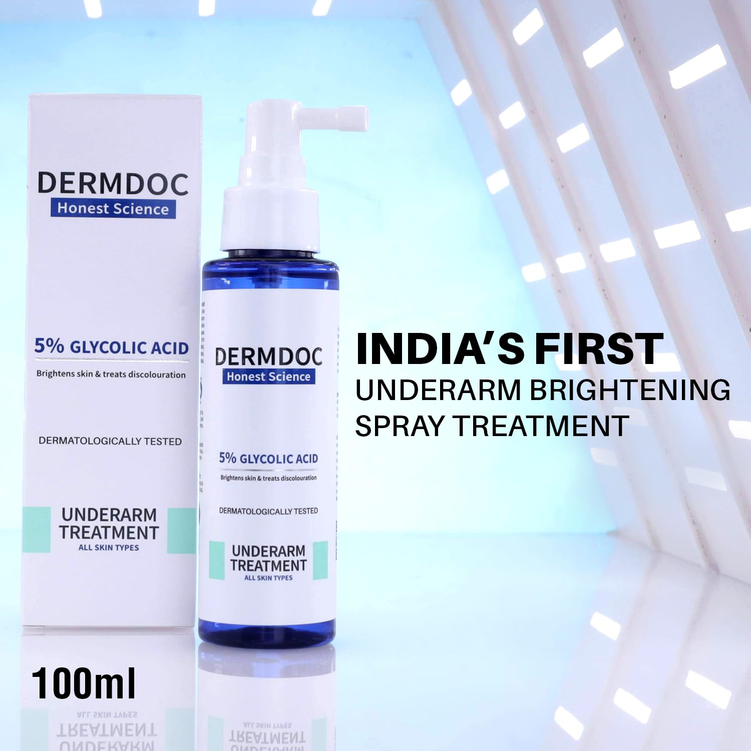 DermDoc spray nozzle closeup demonstrating fine mist for even, effortless coverage