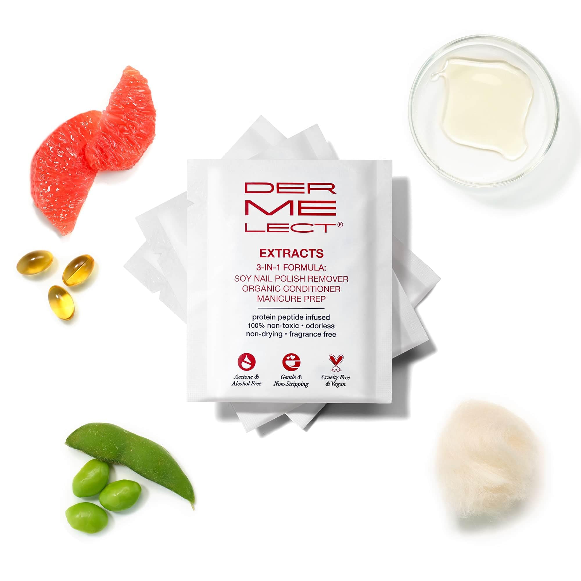 Dermelect label close-up highlighting soy, peptides and acetone-free ingredients