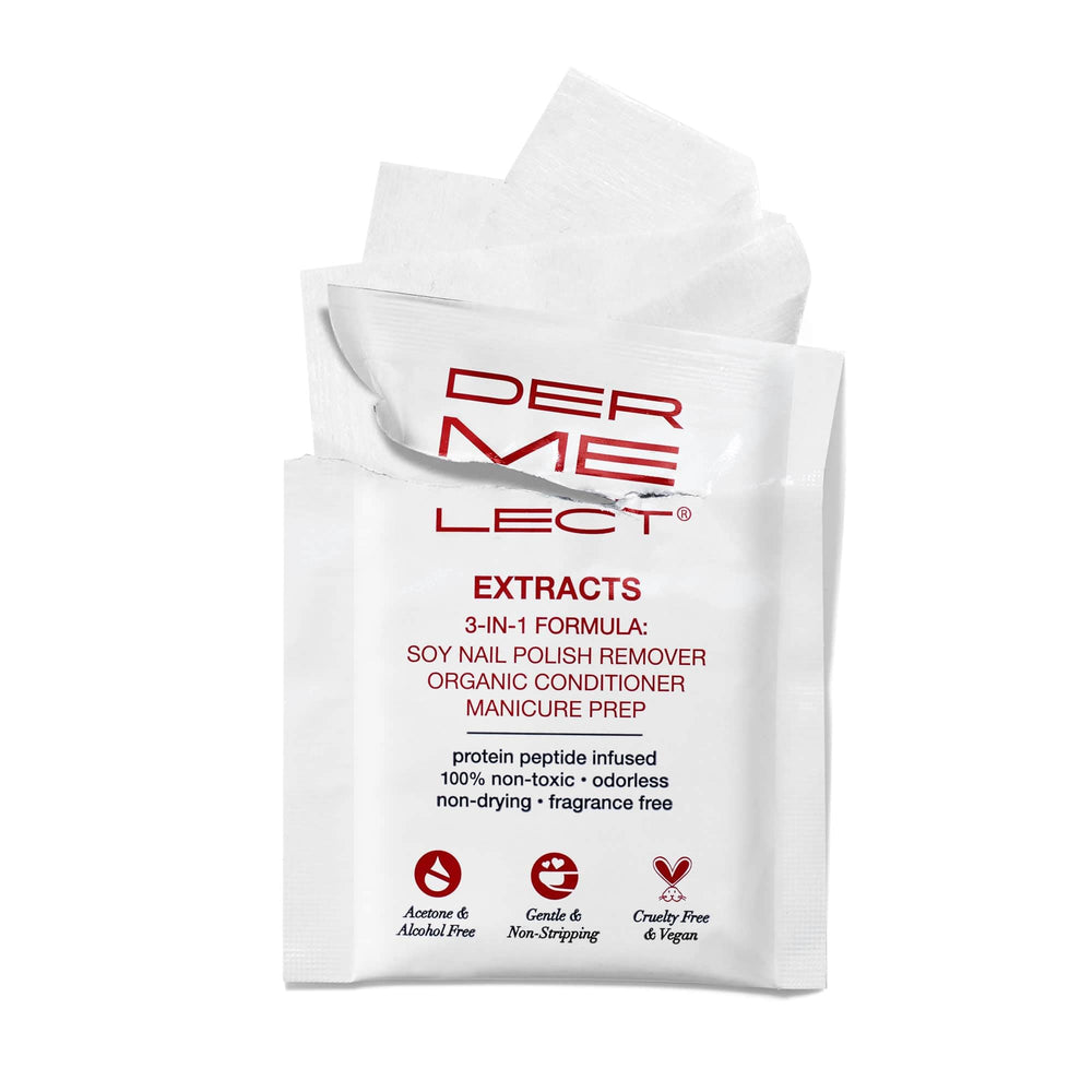 Dermelect wipes on a bathroom vanity near polish and cuticle oil illustrating routine use