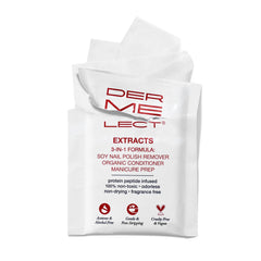 Dermelect wipes on a bathroom vanity near polish and cuticle oil illustrating routine use