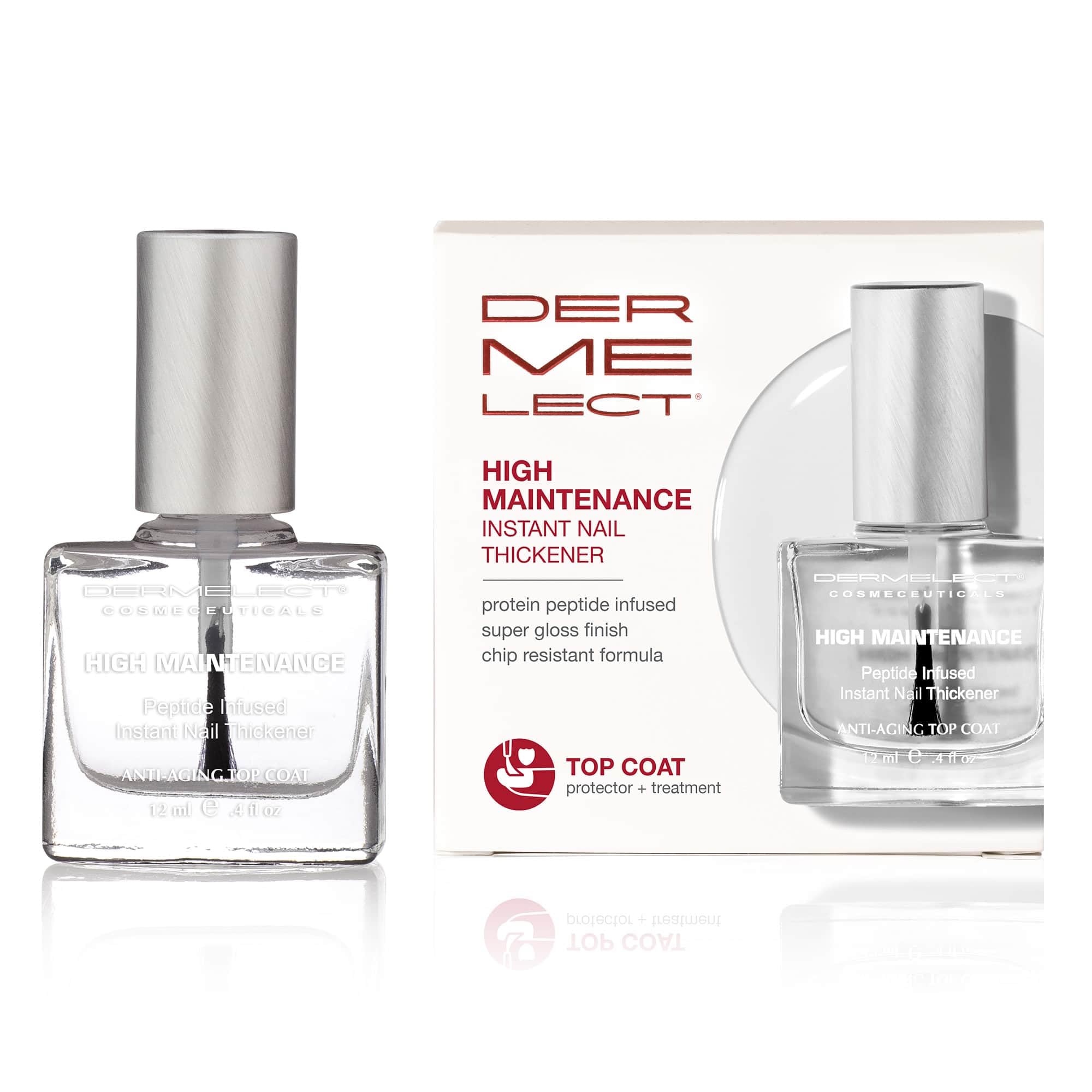 Dermelect front packaging showing high-shine top coat benefit