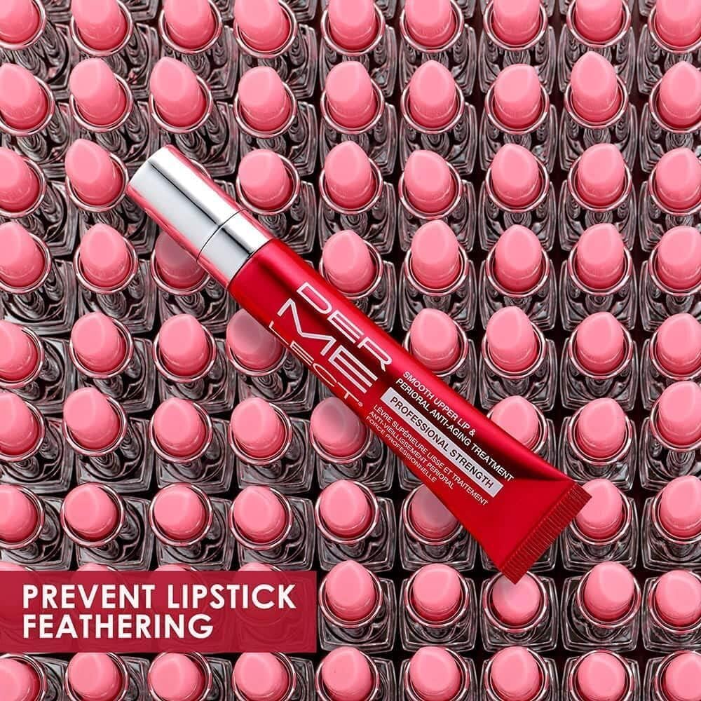 Dermelect lifestyle image of woman applying product for smoother lipstick finish