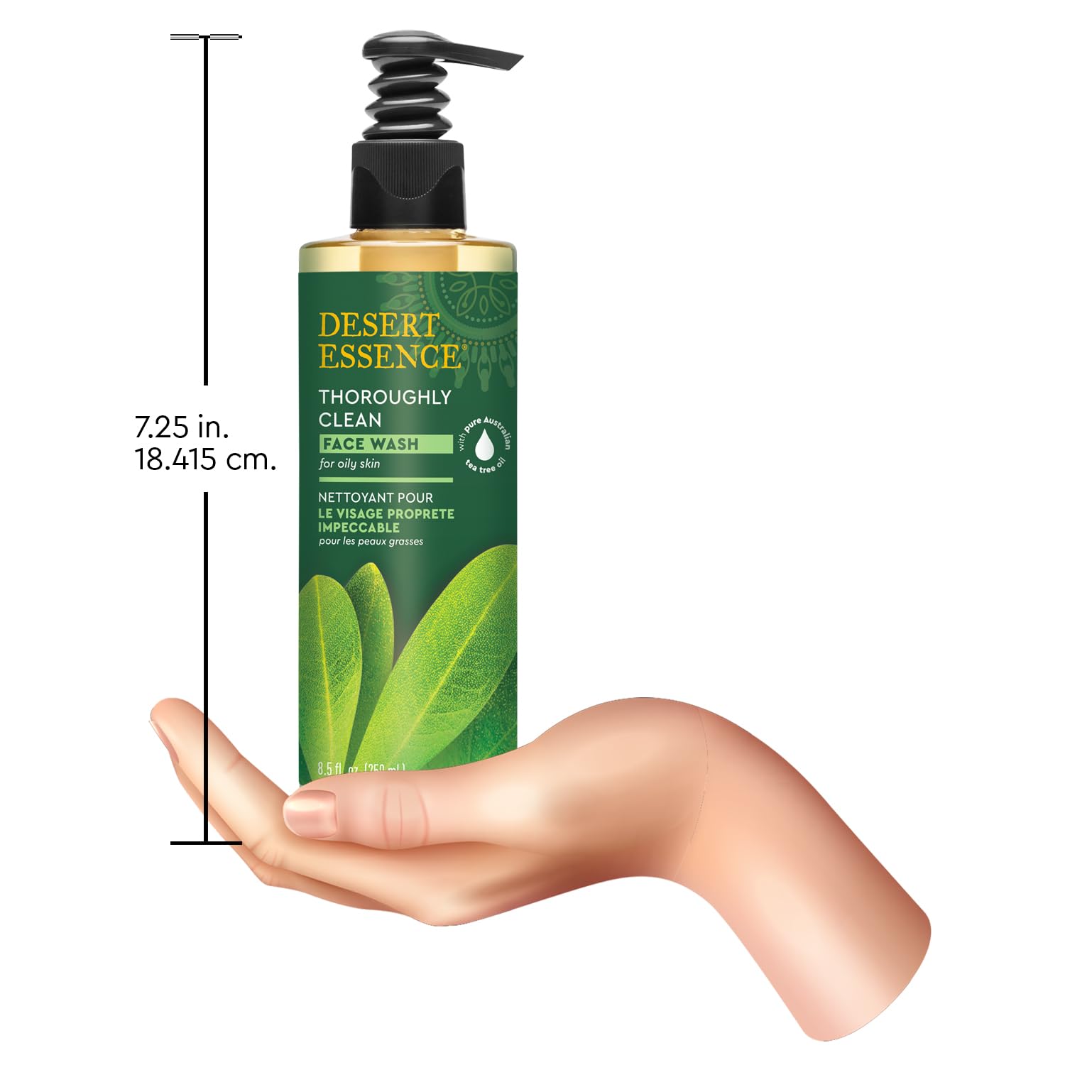 Desert Essence bottle on bathroom shelf in lifestyle setting suggesting daily use