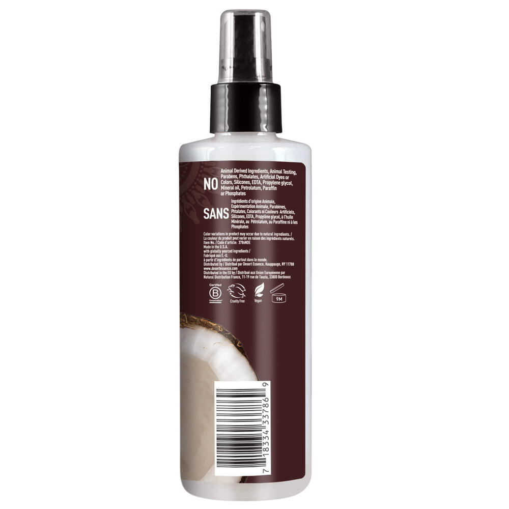 Desert Essence product texture drop illustrating lightweight coconut oil finish