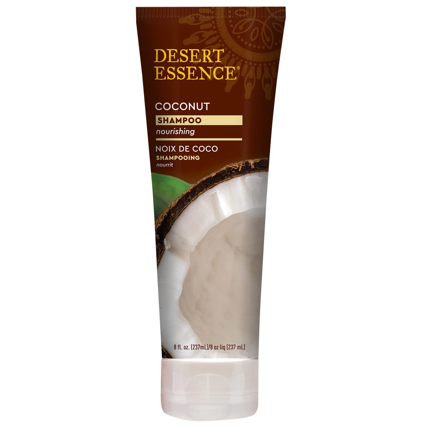 Desert Essence label close-up highlighting organic coconut oil and vegan claim
