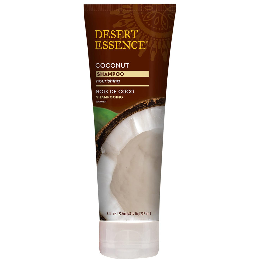 Desert Essence label close-up highlighting organic coconut oil and vegan claim