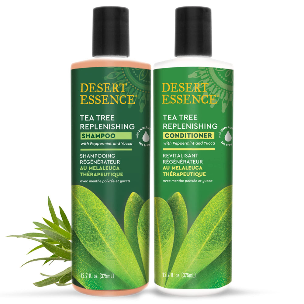 Desert Essence conditioner on bathroom shelf in lifestyle setting for daily use