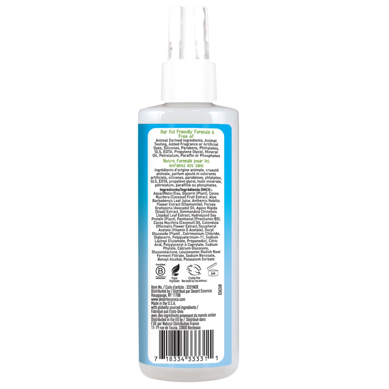 Desert Essence detangler being applied to wet hair for faster combing and reduced tugging