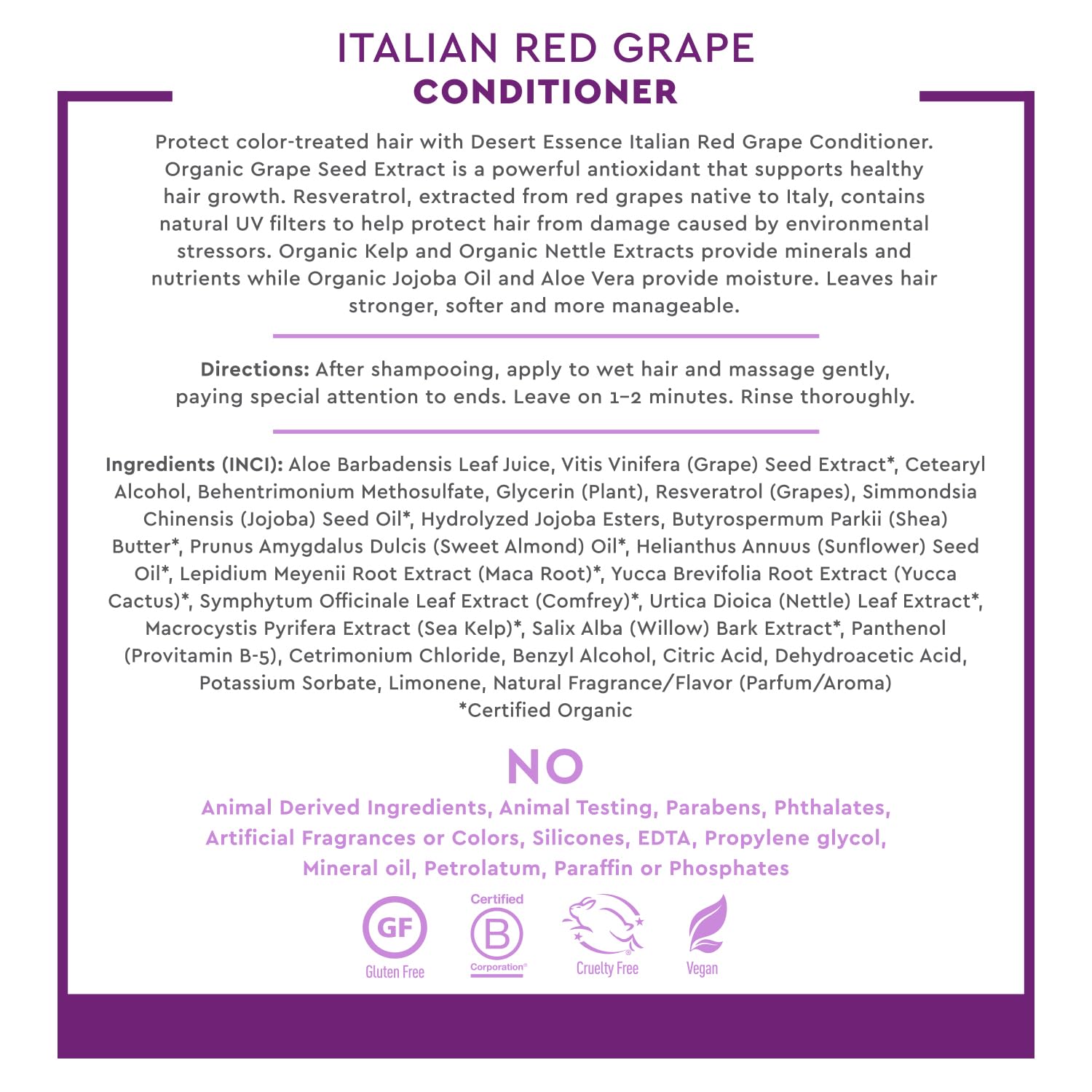 Desert Essence ingredient label detail highlighting resveratrol, sea kelp and nettle