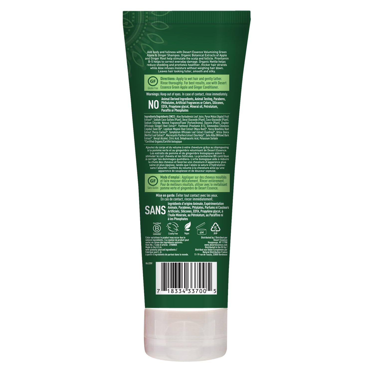 Close-up of Desert Essence ingredient label highlighting sulfate- and paraben-free formula