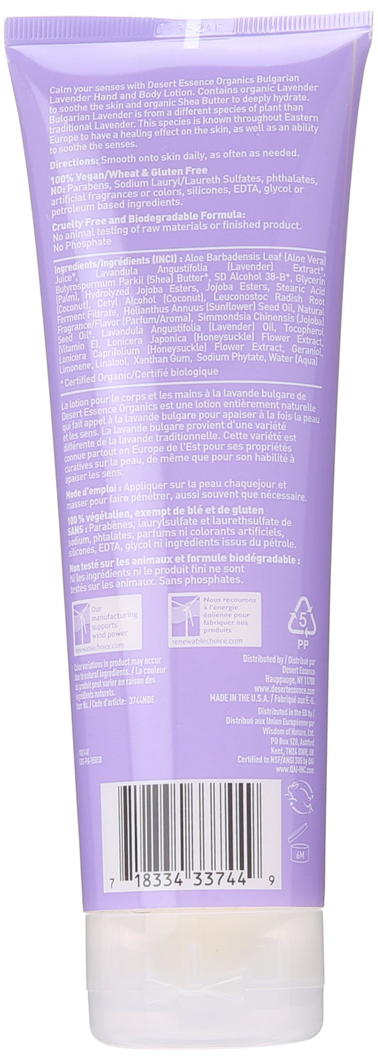 Desert Essence lotion texture on hand and pump, demonstrating quick-absorbing hydration