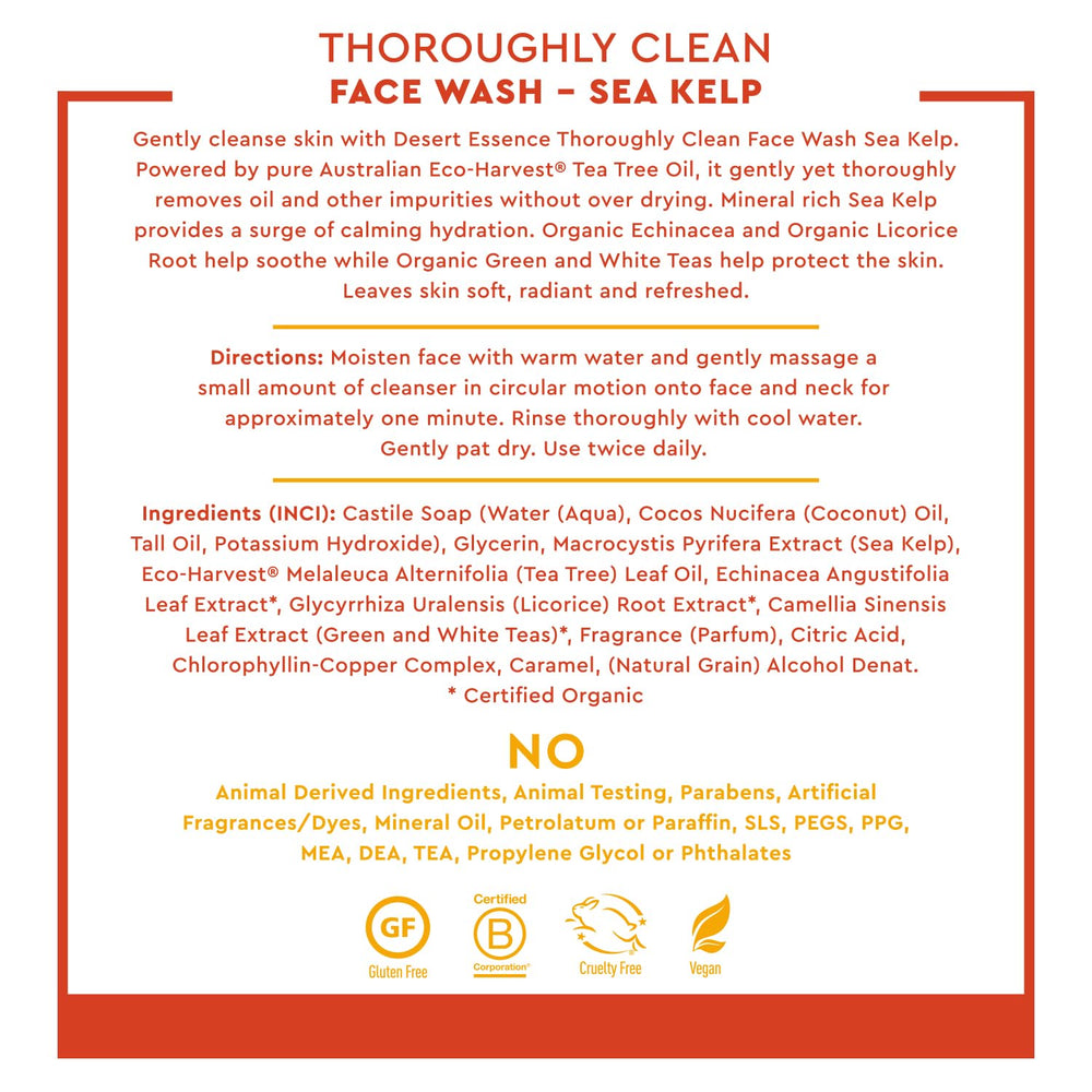 Desert Essence pump and label close-up highlighting clean branding and instructions