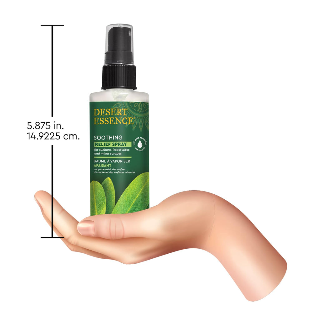 Desert Essence spray applied to sunburn demonstrating soothing relief