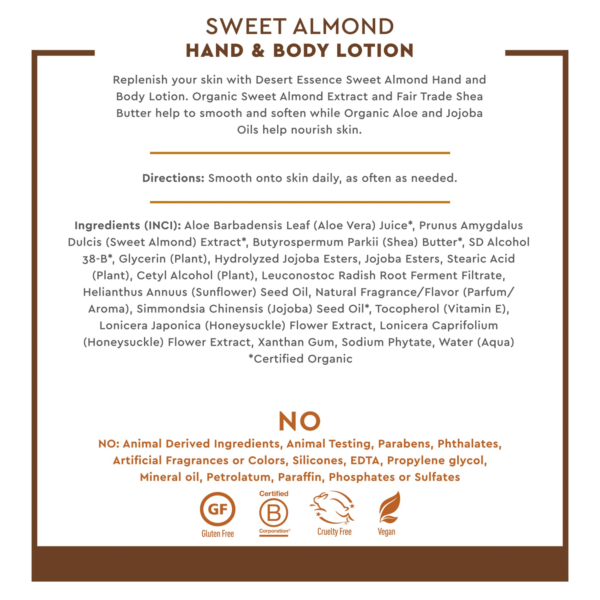 Desert Essence ingredients flatlay with almond and botanicals, emphasizes natural formula benefits