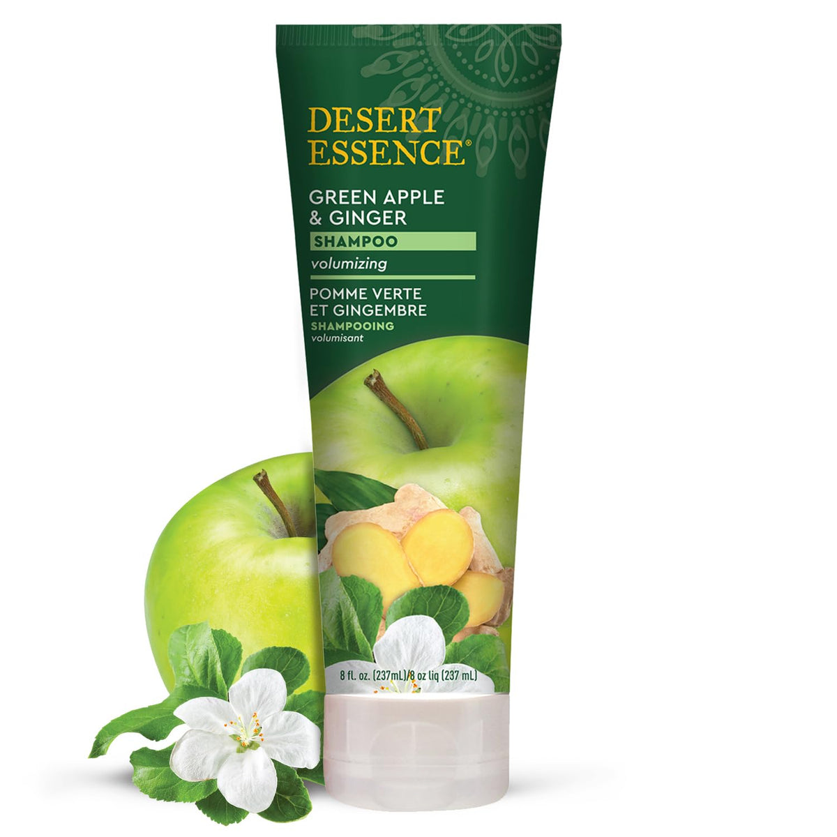 Desert Essence front label showing green apple and ginger scent and volume benefit