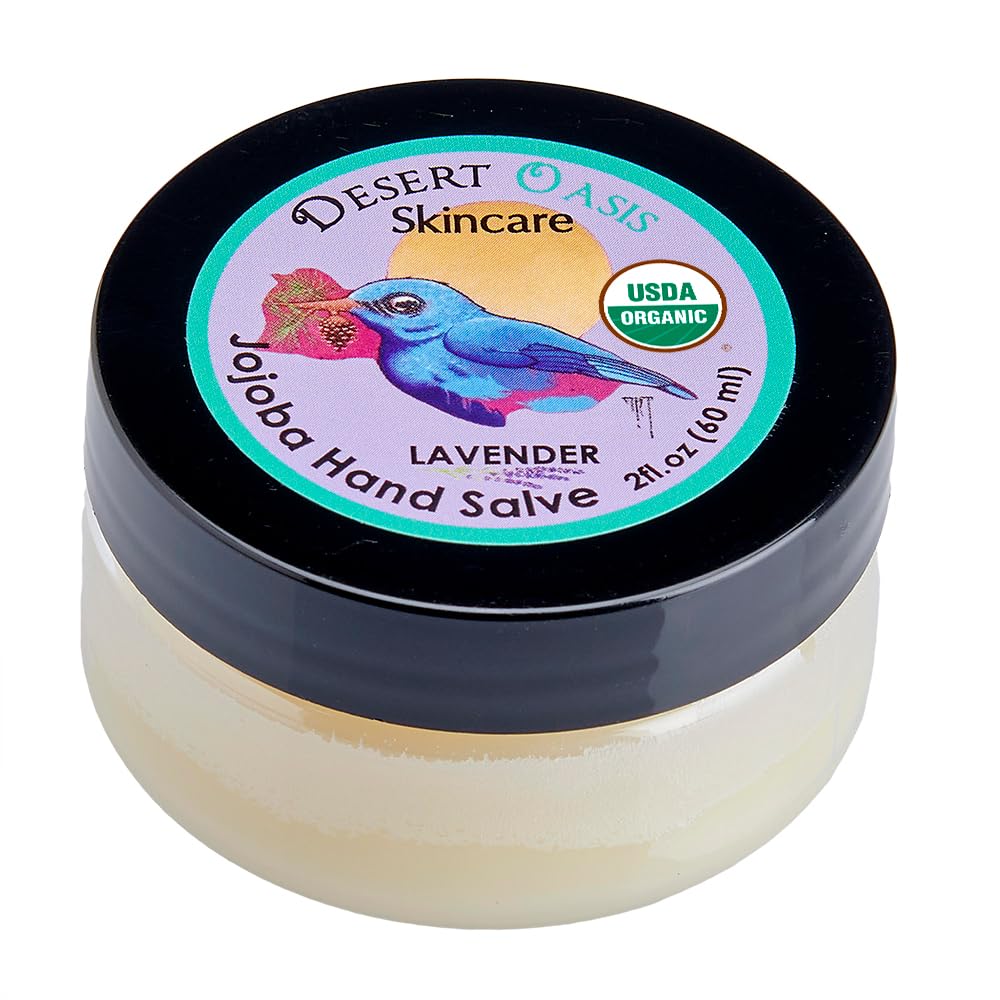Desert Oasis front jar shows organic lavender salve and calming benefit