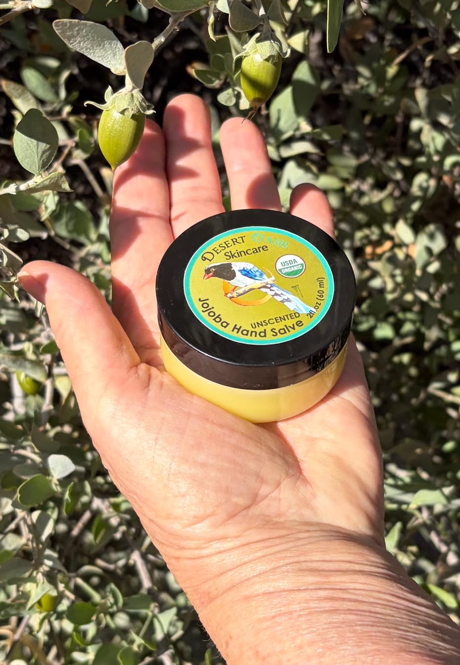 Desert Oasis Skincare open jar texture melting on fingertip for easy absorption