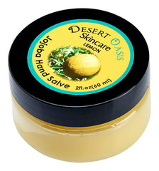 Desert Oasis Skincare tin next to hand to show compact 2 oz size