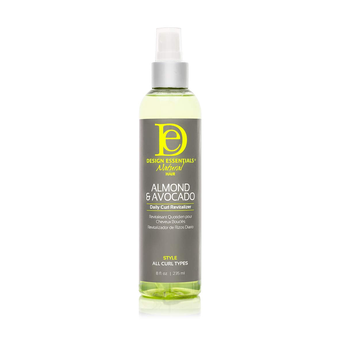 Design Essentials front bottle showing almond and avocado benefits for hydrated curls