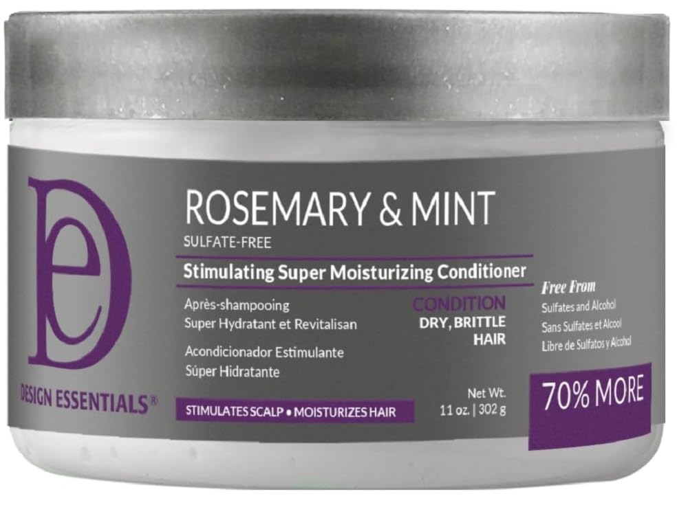 Design Essentials bottle front view showing rosemary and mint benefits