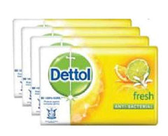 Dettol bar soap front packaging showing four 105g bars and fresh scent