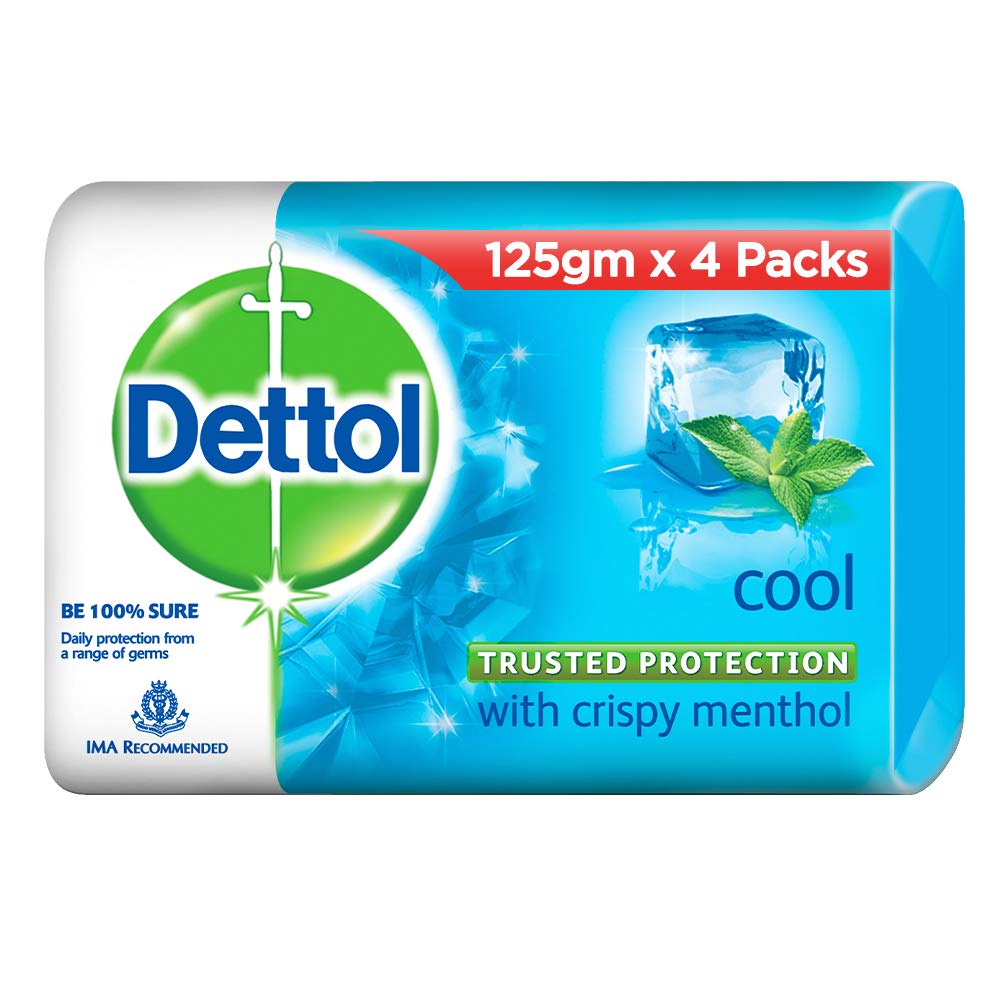 Dettol Cool Soap front pack showing branding and four bars for convenient supply