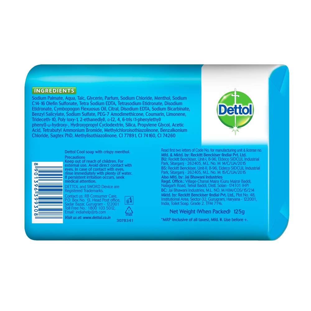 Dettol Cool Soap bar next to a hand to show the 125g size and practical scale