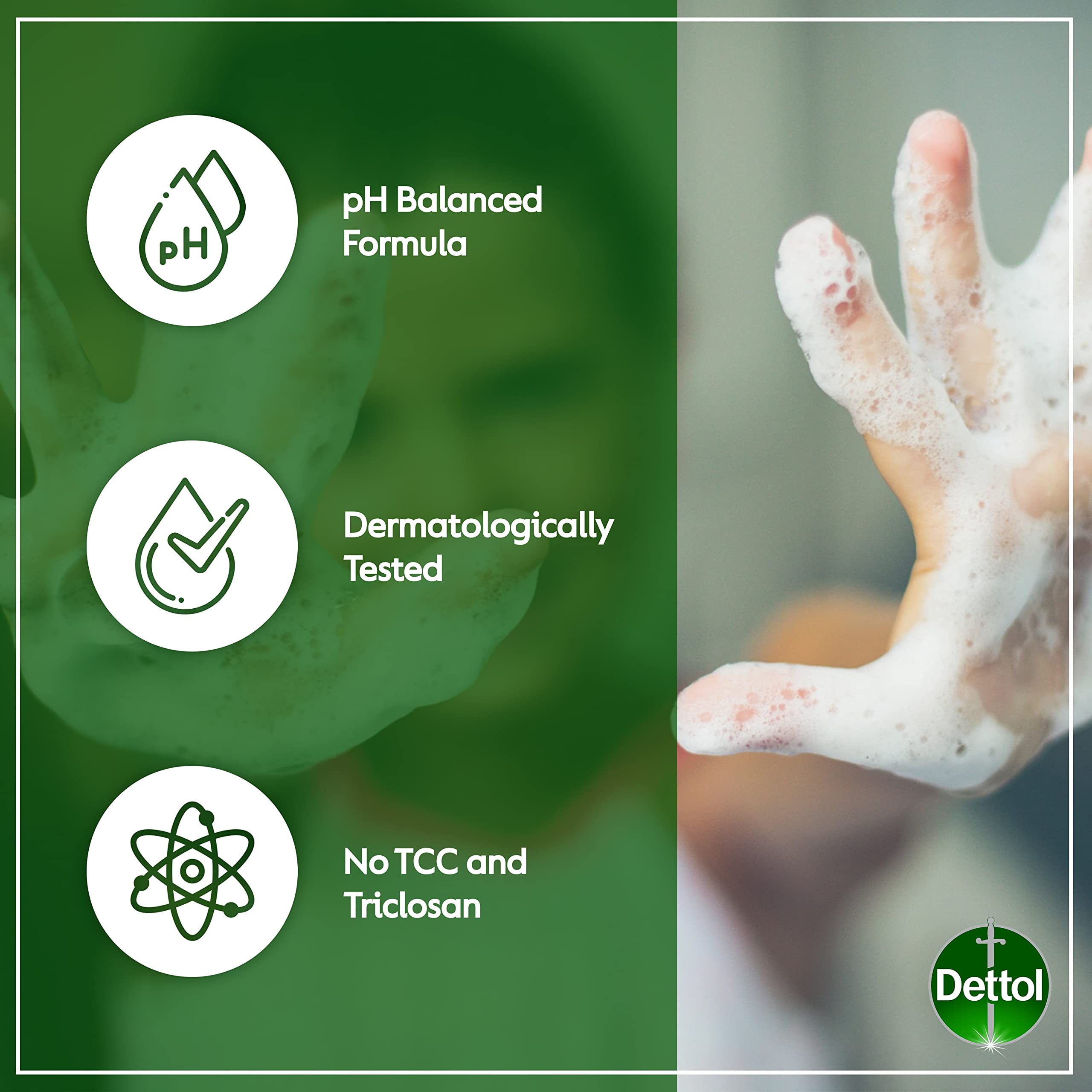 Dettol label close-up displaying ingredients and pH-balanced benefit